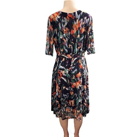 Enfocus Studio Blue Floral Sheer Mesh Overlay Cowl Neck Dress 1/2 Sleeve Size 14 - Picture 5 of 7